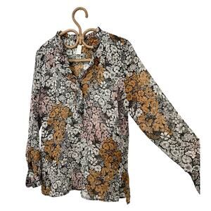 H&M sheer floral blouse top shirt mustard ruffle black long sleeve work office 8